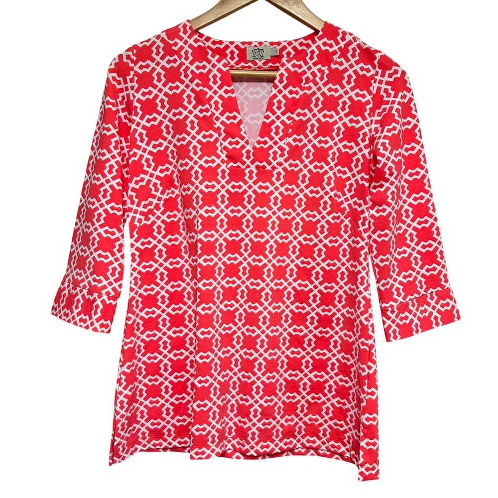 Katherine Way Geometric Tunic Top Women S Coral 3/4 Sleeve Preppy Resort Stretch